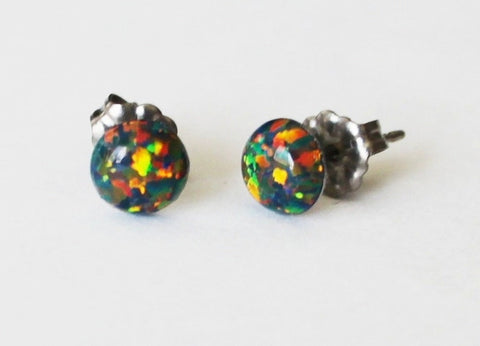 4mm, 5mm, 6mm Black fire opal stud earrings, hypoallergenic Titanium Earrings, Black opal studs, Gemstone post studs, Sensitive ears