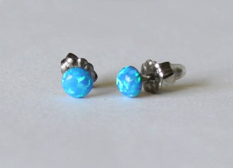 5mm bright blue opal stud earrings- Titanium opal earrings-Blue opal studs- Small opal earrings- Titanium earrings- Hypoallergenic