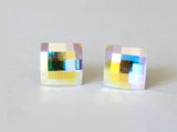 Titanium Earrings, 8mm AB clear chessboard Swarovski crystal studs, Hypoallergenic, Nickel free, for sensitive ears, Rainbow crystal studs