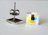 Titanium Earrings, 8mm AB clear chessboard Swarovski crystal studs, Hypoallergenic, Nickel free, for sensitive ears, Rainbow crystal studs