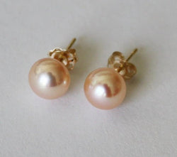 Solid Gold Pearl Stud Earrings, 6-7mm Genuine Peach champagne pearl studs, 14K gold studs, Bridal, mother,Birthday gift, Christmas gift