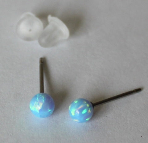3mm, 4mm 5mm 6mm 8mm Ice blue opal earring studs, blue opal earrings, Titanium or Niobium studs, Hypoallergenic, blue opal, Light blue studs