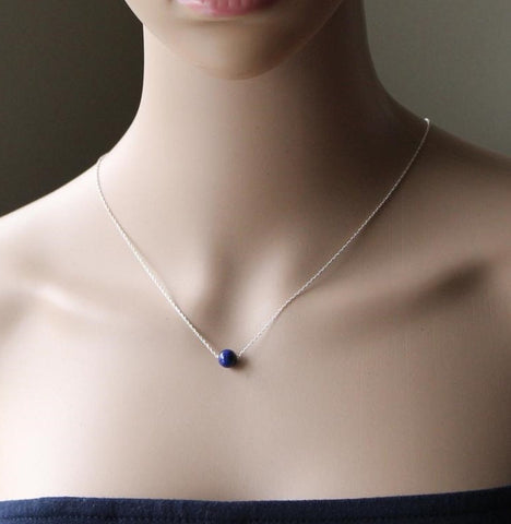 Sterling silver floating natural Lapis necklace 8mm blue Lapis Lazuli necklace blue stone necklace birthstone Infinity rope chain necklace