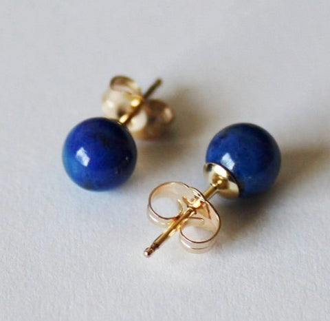 6mm Natural lapis lazuli ball earring studs, Gold post earrings, 14K Gold Filled earrings, Blue stone studs, Lapis earrings, Blue earrings
