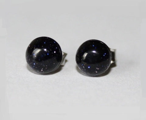 Titanium Earrings, 6mm Midnight Blue Sparkly Goldstone Cabochon studs, hypoallergenic Titanium Ear Posts nuts, Gemstone studs