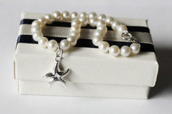 Genuine fresh water pearl and starfish bracelet, hand knotted, Sterling Silver, Bridesmaid bracelet, Beach Wedding,Nautical, navy and white