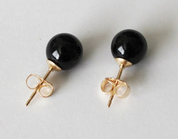 8 mm, 10 mm Gold Black Onyx stud earrings, Pitch black post earrings, 14K Gold filled, Black studs, black stone ball earrings, Black studs