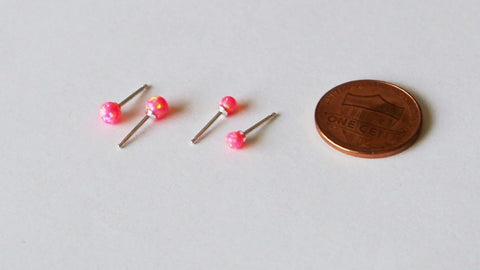 3mm, 4mm Hot pink Opal Stud earrings, Pink opal stud earrings, Sterling silver, Multiple piercing, Hot pink earring ball studs, Birthstone