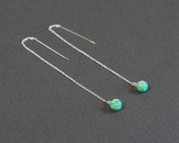 Green opal sterling silver threader earrings adjustable length long opal drop earrings Green opal earring birthstone gift fire opal earrings