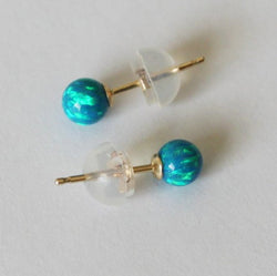 Solid gold Peacock Blue opal ball earring studs, 4mm, 6mm, 8mm blue opal studs, 14K gold opal earrings, gold silicone earrings, Opal earring