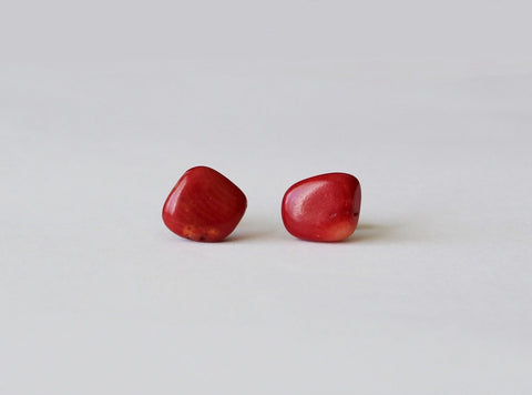 Red coral raw stone stud earrings, Hypoallergenic Titanium earrings, Red coral studs, Red stone studs, Gemstone earrings, Raw stone earrings