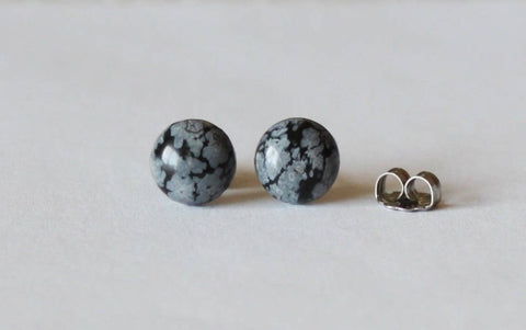 8mm, 10mm Natural Snowflake Obsidian studs, Titanium Earrings (hypoallergenic), White and Black studs, Gemstone Studs Titanium post earrings