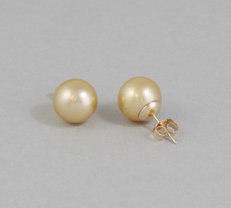 Solid gold round Gold South sea pearl studs 10mm Golden Salt water