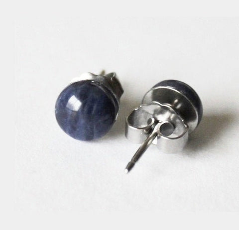 6mm 8mm Natural Sodalite Titanium earring studs, Titanium earrings, Hypoallergenic, blue stone studs, Blue Sodalite earrings Birthstone gift