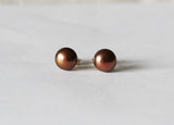 7-7.5mm Golden chocolate brown fresh water pearl stud earrings, Chocolate pearl studs, Brown pearl earrings, Real pearl gift, Gold earrings