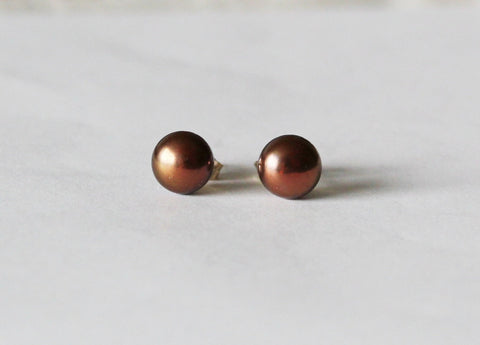 7-7.5mm Golden chocolate brown fresh water pearl stud earrings, Chocolate pearl studs, Brown pearl earrings, Real pearl gift, Gold earrings