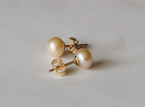 8-9mm Natural Peach Champagne pearl earring studs, Gold Peach pearl studs, Sterling Silver, Bridesmaid earrings, Gold pearl earrings