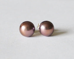 6-7mm genuine maroon brown pearl studs in gold, 14K Gold Filled or Sterling Silver, Brown Bridesmaid earrings, Chocolate stud earrings