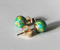 6mm green opal stud earrings- green olive opal stud earrings- 14K gold filled opal studs- Birthstone studs-Spring earring-Christmas earrings