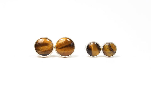 6mm, 8mm Natural Tigereye Gemstone studs, Sterling silver bezel studs, Round Tiger eye earrings, Golden brown stone stud earrings