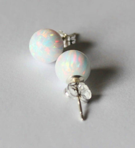 8mm, 10mm fire opal ball stud earrings Sterling silver opal earrings opal jewelry White opal studs Blue opal Birthstone gift Green Opal gift