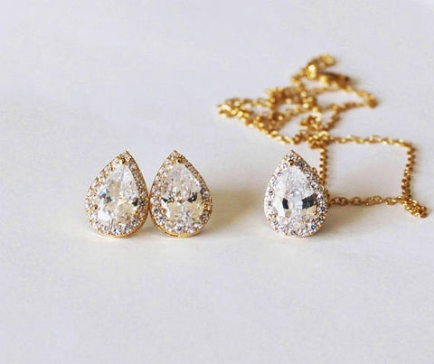 Gold Bridesmaids gift set, Tear drop CZ necklace earrings SET, Cubic Zirconia gifts, Bridal jewelry set, Pear CZ necklace and earrings