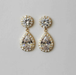 Item# S012 - Double Cubic Zirconia Earrings , Teardrop and Round CZ,  Hypoallergenic