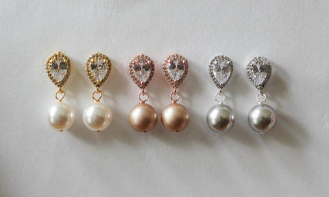 Item# S017 - Bridesmaids earrings, Pearl and CZ drop earrings
