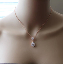 Bridesmaids gift, Double Tear Drop CZ ecklace, Silver Cubic Zirconia necklace, Rose gold necklace, Gold bridal necklace, 14K gold filled
