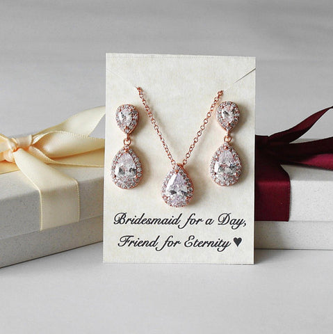 Double Tear Drop CZ Necklace Earrings Set, Bridesmaids Gift, Rose Gold, White Gold, Yellow Gold