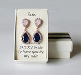 Item# S011 - Blush pink navy blue Double tear drop CZ earrings