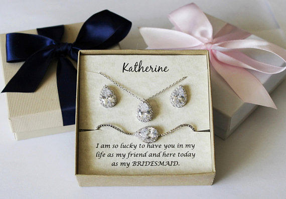 Silver Bridesmaids gift set, Tear drop CZ necklace earrings SET, Cubic Zirconia gifts, Bridal jewelry set, Pear CZ necklace and earrings