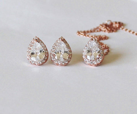 Gold Bridesmaids gift set, Tear drop CZ necklace earrings SET, Cubic Zirconia gifts, Bridal jewelry set, Pear CZ necklace and earrings.