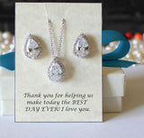 Silver Bridesmaids gift set, Tear drop CZ necklace earrings SET, Cubic Zirconia gifts, Bridal jewelry set, Pear CZ necklace and earrings