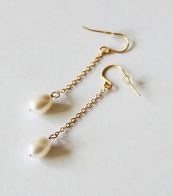 Genuine pearl gold long earrings, 14K Gold filled earrings, Fresh water pearl drop earrings, Bridesmaid earrings, Rose gold pearl earrings