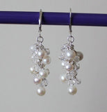 Bridal pearl earrings, Bridesmaid earrings, Pearl cluster drop earrings, Swarovski crystal earring, Wedding pearl cluster earrings
