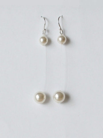 Long illusion pearl drop earrings- Floating pearl earrings- Bridesmaid earrings- Tear drop earrings- Wedding gifts- Titanium - Rose Gold