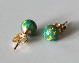 6mm green opal stud earrings- green olive opal stud earrings- 14K gold filled opal studs- Birthstone studs-Spring earring-Christmas earrings