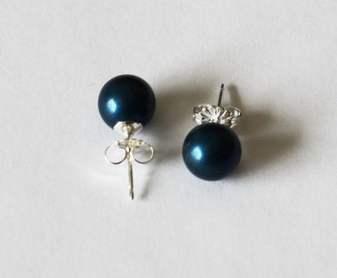 8mm Deep blue Swarovski pearl stud earrings - Sterling Silver- Petrol pearl studs- bridesmaid earrings- Earring gifts- Teal Blue pearl studs