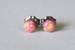 5mm Salmon Pink Opal stud earrings- Pure Titanium opal earrings - pink opal studs- Small opal earrings- Hypoallergenic- coral pink earrings