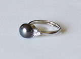 Adjustable Peacock black pearl ring, Cubic Zirconia pearl ring, Fresh water pearl ring, birthday Mothers gift Birthstone pearl ring Wedding