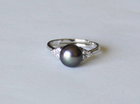 Adjustable Peacock black pearl ring, Cubic Zirconia pearl ring, Fresh water pearl ring, birthday Mothers gift Birthstone pearl ring Wedding