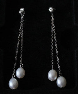Sterling silver ball post pearl earrings, Fresh water pearl long earrings, Bridal earrings, Bridesmaid earrings, Wedding earring gift