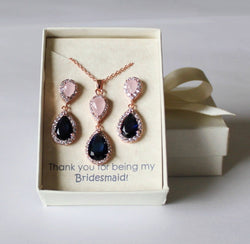 Wedding jewelry, tear drop blush pink navy CZ earrings blush pink opal earrings, Navy tear drop earrings bridesmaid earrings bracelet gift