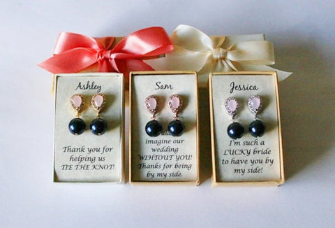 Bridesmaids gift, Blush pink and navy blue earrings, Pink cubic zirconia tear drop earrings, Navy blue pearl earrings, Pink and blue bridal