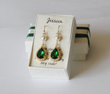 Emerald green bridesmaid earrings, Tear drop earrings, Bridesmaid gift, Bridesmaid necklace earring set, Bridesmaid jewelry, Emerald earring