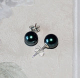 8mm Tahitian blue green pearl stud earrings Sterling Silver Teal Swarovski pearl studs bridesmaid earrings Tahitian peacock pearl studs