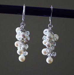 Bridal pearl earrings, Bridesmaid earrings, Pearl cluster drop earrings, Swarovski crystal earring, Wedding pearl cluster earrings