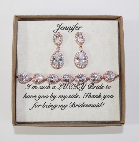 Custom bridesmaid gift, Tear drop CZ necklace earrings bracelet SET, Cubic Zirconia, Bridesmaid earrings set, Bridesmaid bracelet earrings