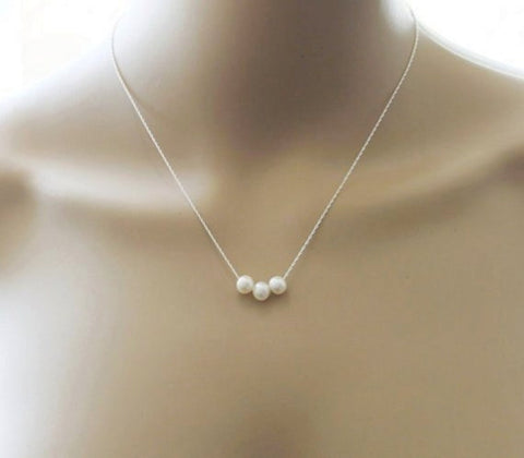 Real fresh water pearl necklace Sterling silver rope chain Three pearl floating necklace infinity necklace Bridesmaid gift Bridal necklace